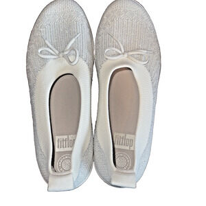 FitFlop Sz 10 Uberknit Slip-On Ballet‎ Flats White Glitter Bows Shoes Women's